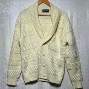 Vintage Cardigan Sweater Medium Cream Cable Knit Shawl Collar USA Made
